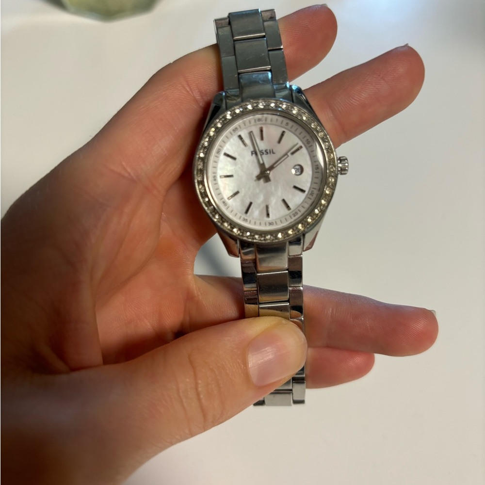 Fossil Watch with Mother of Pearl and Crystal
